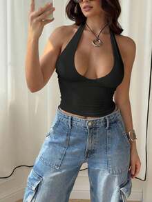 Blusa de verano casual de color rojo sólido, con escote en V profundo y espalda descubierta - Negro - Ver 5