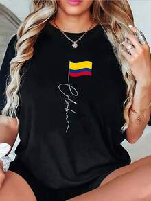 Women's T-Shirt With A Minimalist And Unique Colombian Flag Print In A Cartoon Design, Short-Sleeved Stretch Casual Top - 黑色 - 查看 1