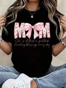 Mom Is Clothed In Gratitude Counting Blessings Every Day Floral T-Shirt With Bow For Women White Cotton Casual Mother's Day Gift | Exquisite Design | Loose And Comfortable | Easy To Match | - 黑色 - 查看 8
