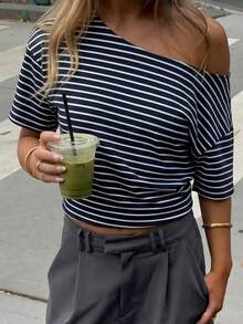 Navy Blue & White Striped Off-Shoulder Women's Summer T-Shirt, Loose Dropped Shoulder Casual Short Sleeve Top, Suitable For Beach Vacation And Leisure - Navy Blue and White Stripes - View 5