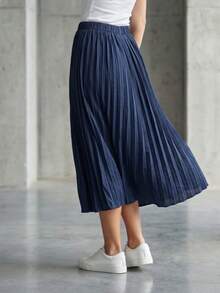 WOMEN CASUAL LOOSE FİT PANTS ELASTİC WAİST - Navy Blue - View 3
