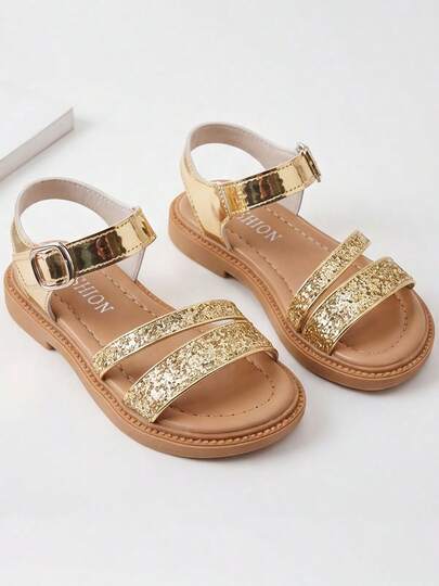 Spring And Summer New Arrivals: Golden Roman Children's Sandals. Golden Glitter/Sequins. Back Heel Mirror-Gold Straps + Hook And Loop Adjustable. Light Brown Shoe Bed Of The Same Color With Anti-Slip Sole. Elegant Little Princess Style. Perfect For Birthday Parties And Performances. Versatile Children's Sandals!