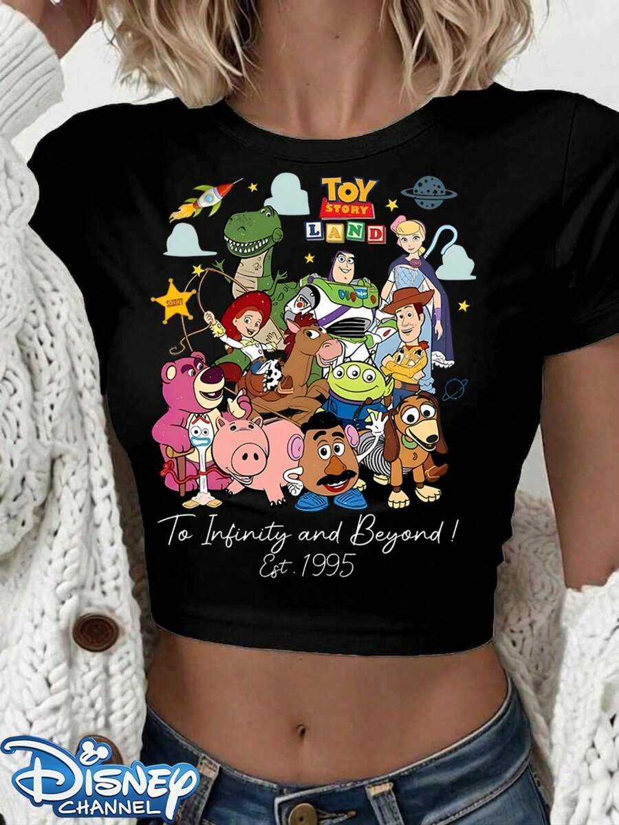 Genuine Disney New Toy Story Land Full Character Collage Print Design, Ladies' Casual Short T-Shirt With Round Neck And Slim Fit, Basic Polyester Fiber Tops In Summer Are Versatile For Everyday Wear, Comfortable And Loose, Ideal For Giving Her A Perfect Gift, Washable, Holiday Outfits For Women Festival Outfits Women Lineshirt Women White Top.The Sizing Runs Small; If You Prefer A Loose Fit, Please Choose One Size Up. - Black - View 1