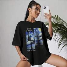 Camiseta de Mujer a la Moda con Estampado de Cielo Estrellado - Camiseta Casual de Manga Corta y Cuello Redondo de Algodón Puro con Estampado de Letras 1889 - Blanco - Ver 2