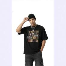 Camiseta de mujer versátil de estilo juvenil y casual, estampada, de manga corta, corte holgado, estilo europeo y americano, estilo Hong Kong, 100% algodón, vintage. - Negro - Ver 4