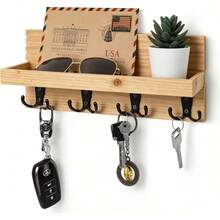 Natural Wooden Key Holder Hook, Wall-Mounted Letter Organizer And Key Hanger, Rustic Style Entryway Decor Rack With 4 Double Hooks, Decorative Key & Wallet Storage Rack - Multicolor - View 8