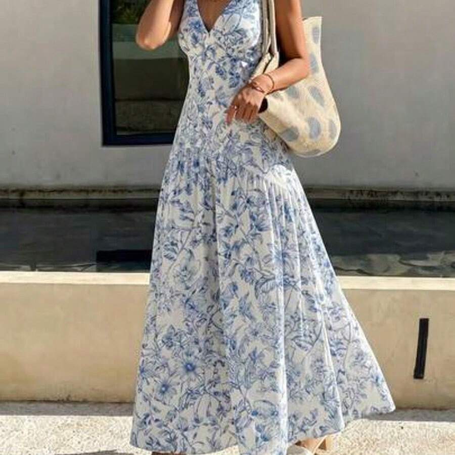PariChic 2026 Women's Plaid Patchwork Milkmaid Dress, Sleeveless Style With Smocked Details & Full Flared Hem, Zipper Closure, Casual Daily Commute Minimalist Holiday Dress - Azul y blanco - Ver 1