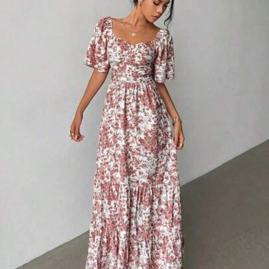 Summer Short Sleeve Vacation Beach Music Festival Pink Floral Dress - Rosa Oxidada - Ver 1