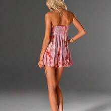 TRNDY Romantic Pleated Floral Print Twist Front Mini Dress, Suitable For Spring/Summer Vacation - Marrón - Ver 3