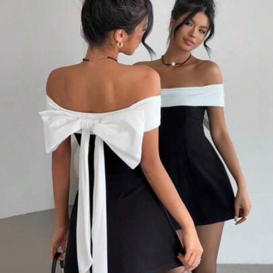 Valentine's Day Off Shoulder Black & White Bowknot Dress, Fairycore,Graduation,Graduation Dresses For Women,Back To School Dress,Summer Dress,Elegant Dresses For Party,Weddings & Events,Elegant Ceremony Dresses - Blanco y Negro - Ver 1