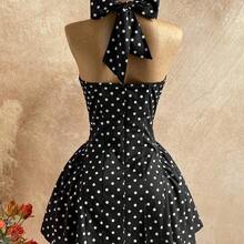 Women's Polka Dot V-Neck Hollow Waist A-Line Mini Dress, Suitable For Party, Christmas, Date, Nightclub, Bohemian, Boho, Vacation, Fall - Azul y blanco - Ver 11