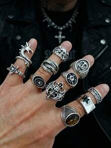 10/18pcs Spider & Snake Ring Set, Punk Hip-Hop Mixed Styles, Couple Rings For Party & Daily Wear, Fashion Jewelry Gift, Random Assortment - Punk Men's Ring Set - View 7