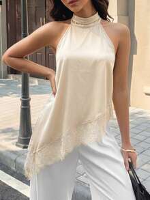 Women's Black Camisole Top, Asymmetric Hem, Backless Design, Contrast Lace Trim, Regular Length Summer - Apricot - View 4