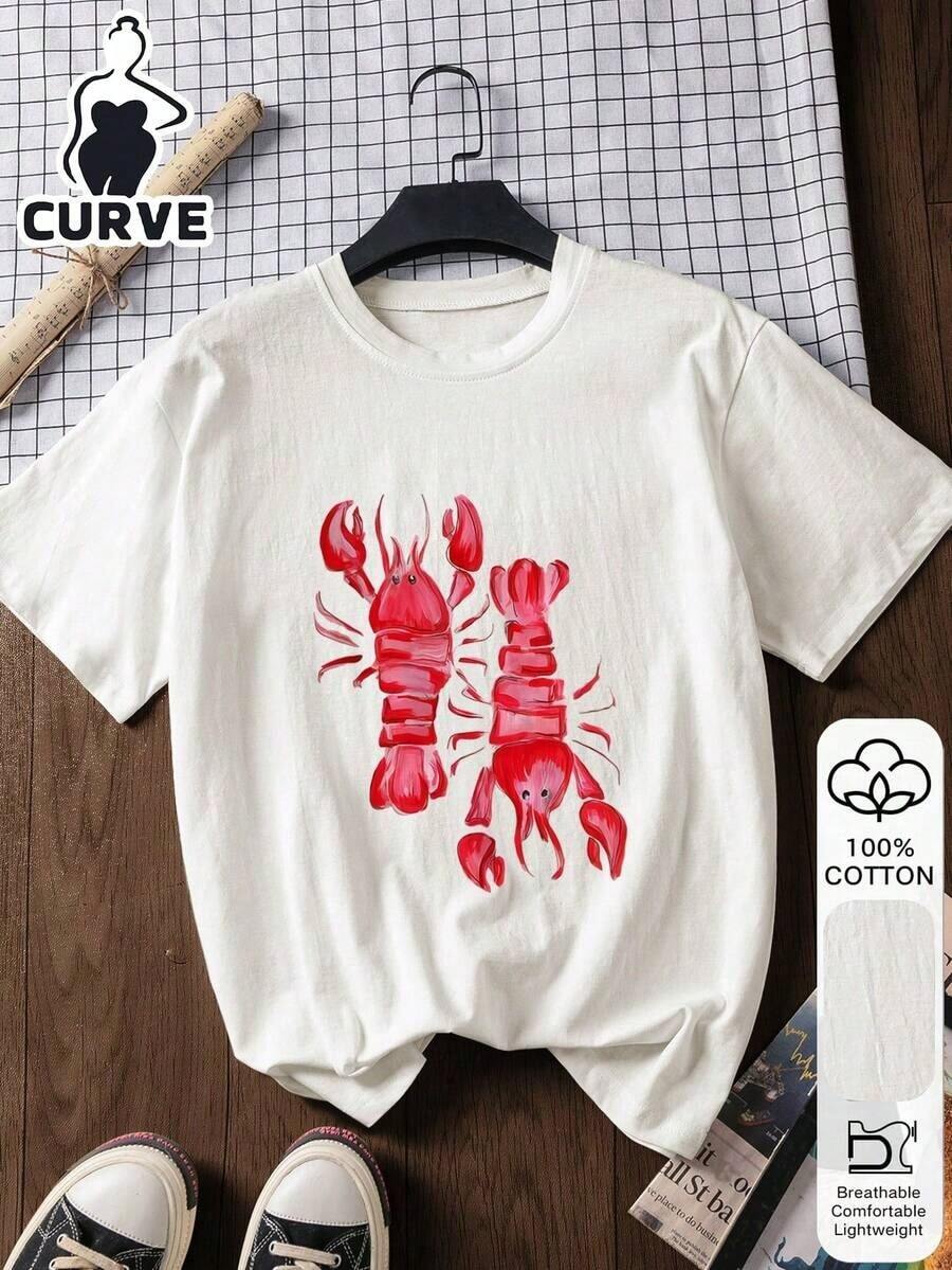 1pc Women's Plus Size 100% Cotton Short Sleeve T-Shirt With Lobster Print, Casual Style, Graphic Tee, Summer T-Shirt, Holiday Clothes, Travel Clothes, Beach Style, Minimalist Holiday Clothes, White, 100% Cotton. - 白色 - 查看 1