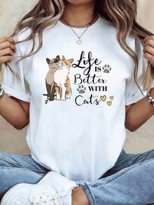 Talla Grande - Talla Grande - Compañía con Gatos: El ambiente de los amantes de los gatos. La vida es más agrble con gatos. Una camiseta elegante e casual de cuello redondo para mujer, perfectarrimavera y verano, adecu para uso diario, compras, fiestas - Blanco - Ver 2