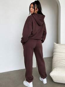 Women's Oversized Fleece Winter Set - Kangaroo Hoodie And Casual Jogger Pants - 鏽棕色 - 查看 4