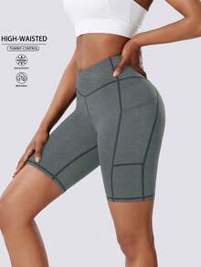 Side Pocket Solid Color Criss-Cross Waist Women Sports Shorts, High Waist Lifting Yoga Shorts For Fitness, Pilates, Outdoor Running, Cycling, Home Leisure - Silver - View 3
