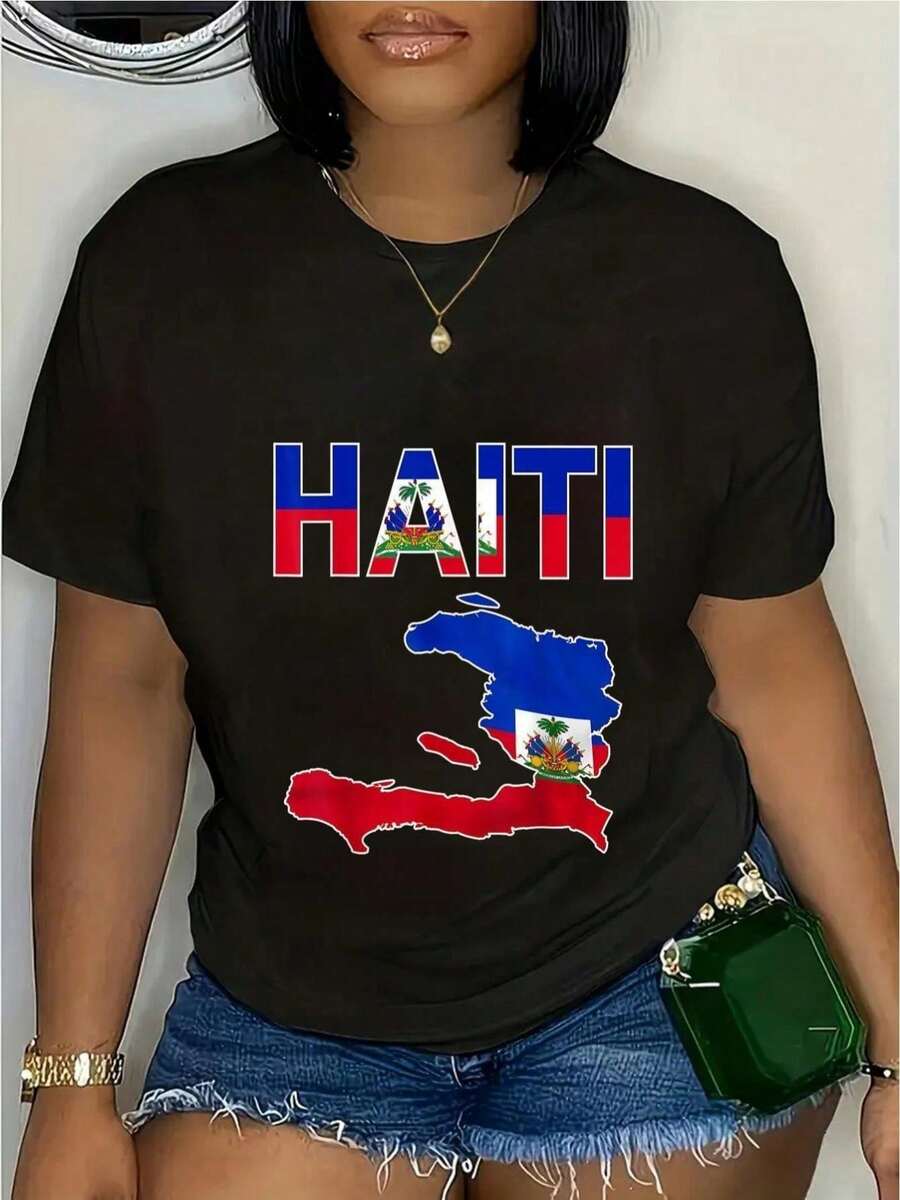 180G Mujer Camiseta Elegante de Orgullo de Haití - Diseño audaz de la bandera de Haití y texto impreso, disponible en negro con rojoazulverdeblancoanaranjado, adecuado para el Día de la Bandera y celebraciones nacionales. Tejido cómodo, camiseta casual de manga corta. - Oscuro - Ver 1