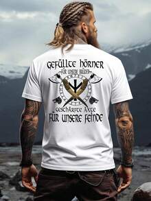 Sommer Wikinger-T-Shirt | Nordische Wikingerkleidung mit aufgestickten Hörnern und Äxten, Rundhalsausschnitt, leicht dehnbares Material, schmale Passform, lässiges Design, bedruckt, ideal für Herren. Locker und bequem für den Sommer. - Weiss - Übersicht 1