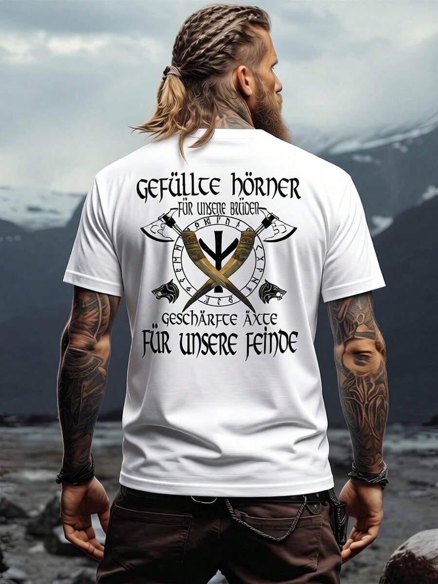 Sommer Wikinger-T-Shirt | Nordische Wikingerkleidung mit aufgestickten Hörnern und Äxten, Rundhalsausschnitt, leicht dehnbares Material, schmale Passform, lässiges Design, bedruckt, ideal für Herren. Locker und bequem für den Sommer. - Weiss - Übersicht 1