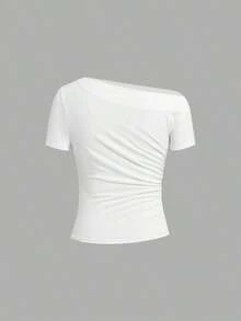 Camiseta de moda de manga corta con hombros oblicuos y ajustada de unicolor para mujer, verano - Verde - Ver 11