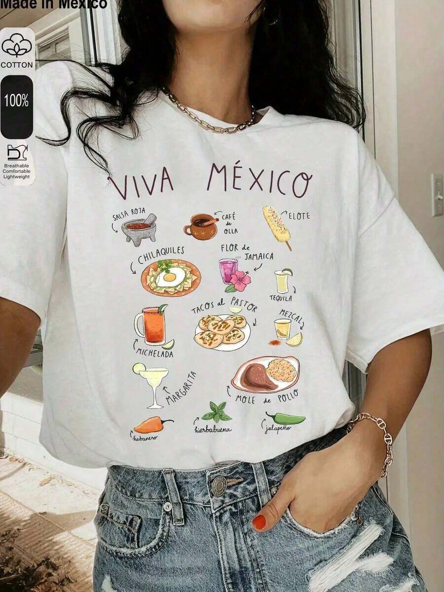 Camiseta de manga corta con cuello redondo y estampado VIVA MEXICO, estilo de comida, top casual, ropa de mujer para primavera y verano - Blanco - Ver 1
