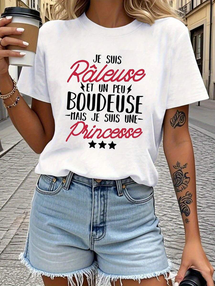 Women's Casual Short Sleeve Crew Neck T-Shirt - Fun French Princess Theme Print - Ideal For Spring And Summer, Everyday Wear - White - View 1