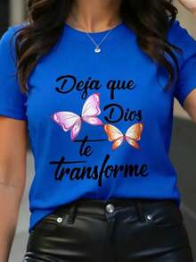 ropa de mujer Camisetas de mujer Camisa larga de fe cristiana española - Camisa de manga corta con estampado de mariposas y texto en español, tela suave y elástica, cuello redondo, ropa casual para iglesia, lavable a máquina, estilo cómodo para las cuatro estaciones, adecuada para estudiantes de español y ropa para estudio bíblico, estilo deportivo elegante, con la frase en español "DEJAME QUIÉ DIOS To TRANSFORME" y diseño de mariposa, conjunto holgado y cómodo para primavera y verano, camisas de mujer - Azul - Ver 2