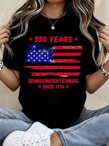 1 Piece Women's Crew Neck T-Shirt With American Flag Print, 250 Years Of Semi-Quincecentennial Since 1776, Short Sleeve, Casual Summer Style For Independence Day Celebration, 180g 100% Cotton. - 黑色 - 查看 12