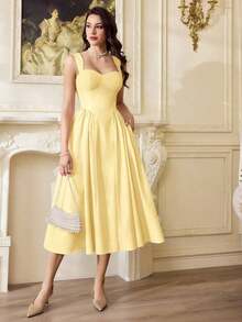 Vestido elegante vintage para mujer con bolsillos, vestido casual para té, fiesta, verano, vacaciones, vestido blanco de verano para mujer, vestido de fiesta, vestido formal con corsé, vestido de cumpleaños, vestido de invitada de boda, vestido de Pascua, vestido de primavera para mujer - Amarillo claro - Ver 2