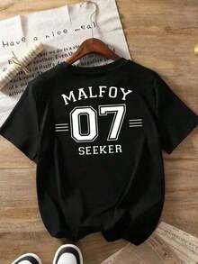 1 pieza, Camiseta estampada de manga corta para mujer, Malfoy, 07, con estampado frontal y trasero, camiseta casual blanca de cuello redondo, elástica, lavable a máquina, adecuada para primavera/verano/otoño. - Negro - Ver 2
