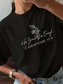 Camiseta con Estampado de Letras, Manga Corta, Cuello Redondo, Top Casual para Primavera/Verano, Personalizada, 100% Algodón - Negro - Ver 10