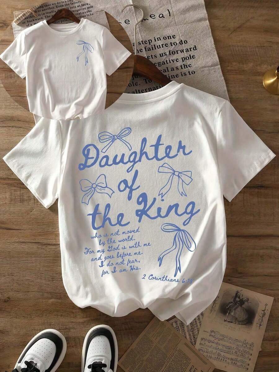 'The King's Daughter' Graphic T-Shirt, Women's Faith Clothing With Biblical Aesthetics, Casual Short Sleeve T-Shirt With Round Neck And Printed Text On The Back - 白色 - 查看 1