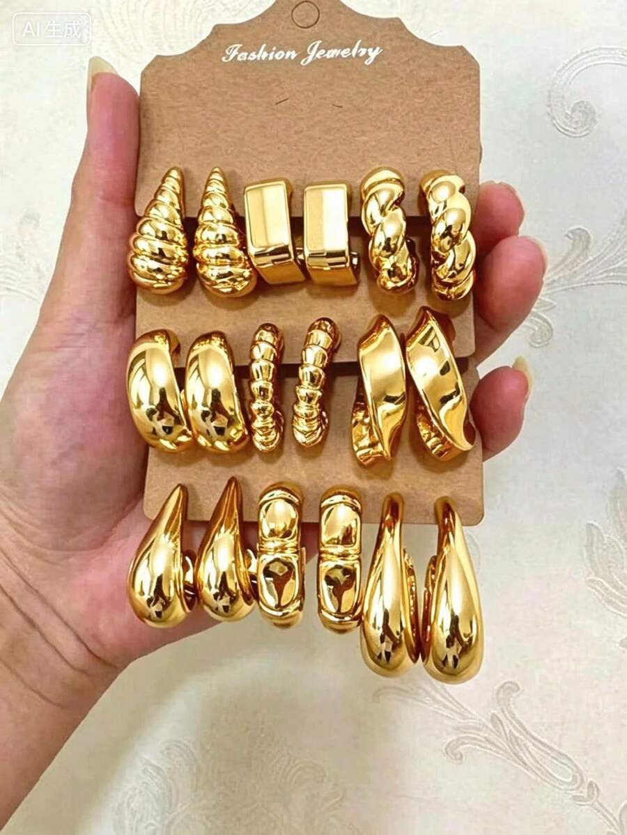 6-18件套亮金色耳环，欧美复古夸张C形扭纹耳坠，通勤百搭优雅耳环，适合女性日常佩戴 - 金色 - 查看 1