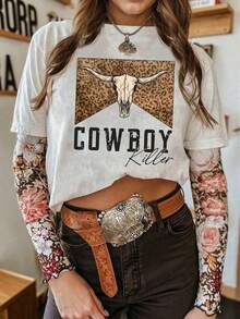 1 Piece Of Women's Casual Short-Sleeve Crew Neck T-Shirt With Retro Western/Cowboy/Rodeo Print, BOHO Top, Spring Vacation T-Shirt, Sporty Short Sleeve, 210g, 100% Cotton, Prints Are Fully Printed. Unisex. - 白色 - 查看 10