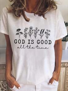 Camiseta Casual de Mujer con Estampado Floral y "DIOS ES BUENO TODO EL TIEMPO" - Suave, Transpirable, Corte Relajado con Manga Corta y Cuello Redondo para Verano, Descanso, Exteriores, Trabajo & Reuniones, Camisas para Damas, Ropa Lavable a M£quina, Tejido Duradero - Blanco - Ver 2