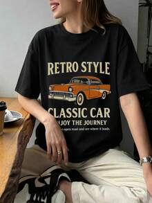 Camiseta de moda femenina de verano de manga corta camiseta de moda casual al aire libre 'letras y coches' estampados camisa casual femenina con patrones relajados - Negro - Ver 1