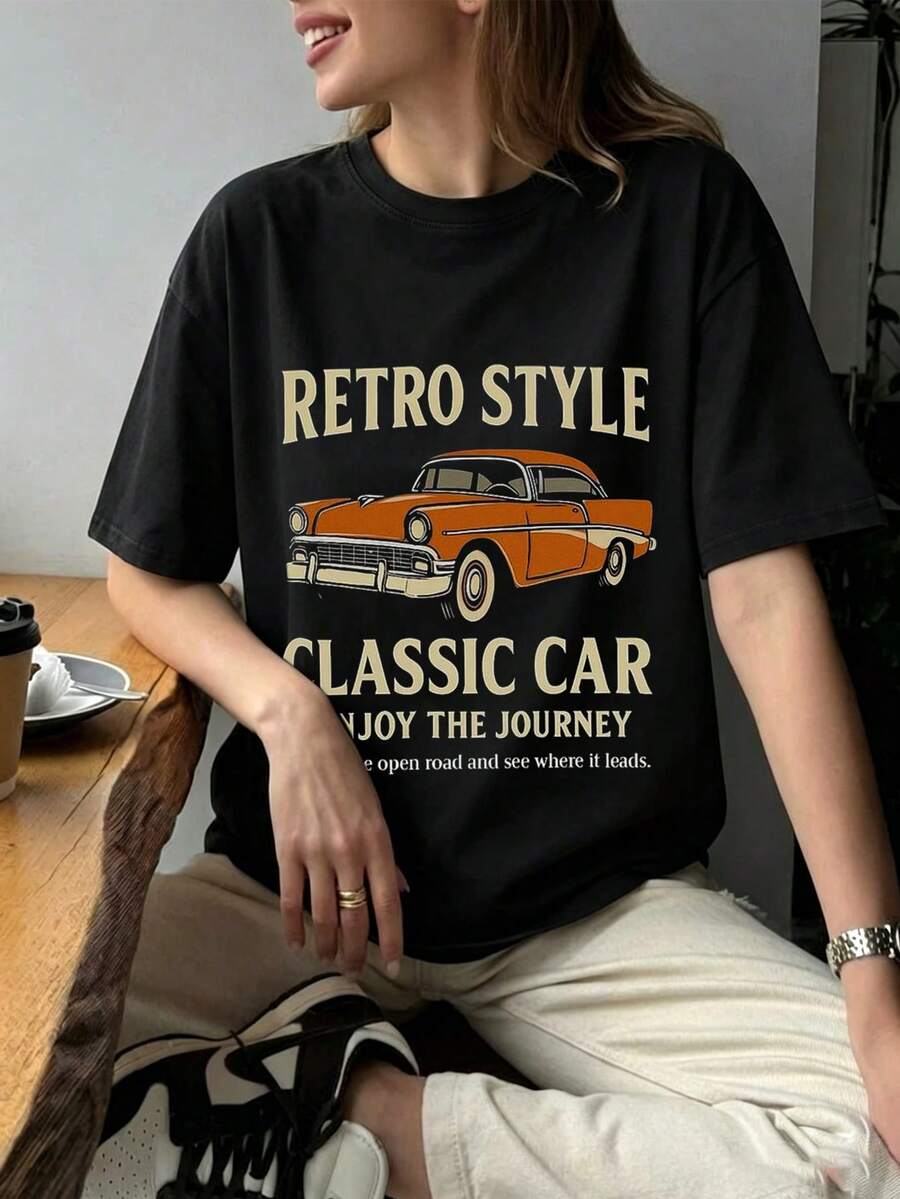 Camiseta de moda femenina de verano de manga corta camiseta de moda casual al aire libre 'letras y coches' estampados camisa casual femenina con patrones relajados - Negro - Ver 1
