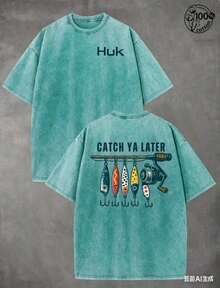 Summer Tops2026Retro "HUK" Fishing Pattern, CATCH YA LATER, Fishing T-Shirts, Men And Women's T-Shirts, Fall Clothes, 230G Wash Cotton High Quality Cotton Printed T-Shirts, Men Clothes, Suitable For Street Retro And Outdoor Sports And Leisure, Comfortable And Stylish, Y2k Clothes, Funny T-Shirts, Streetwear, Perfect Gift. Summer Clothes - 薄荷綠 - 查看 6