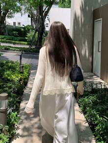 精致蕾丝边针织开衫，轻盈透气防晒披肩，优雅韩式蕾丝针织开衫，轻薄透气空调房必备夏季外套 - 杏色 - 查看 6
