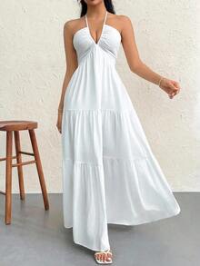 Vestido de gasa con cuello halter y espalda descubierta con nudo para mujeres, ideal para resort, boda y eventos - Blanco 2 - Ver 1