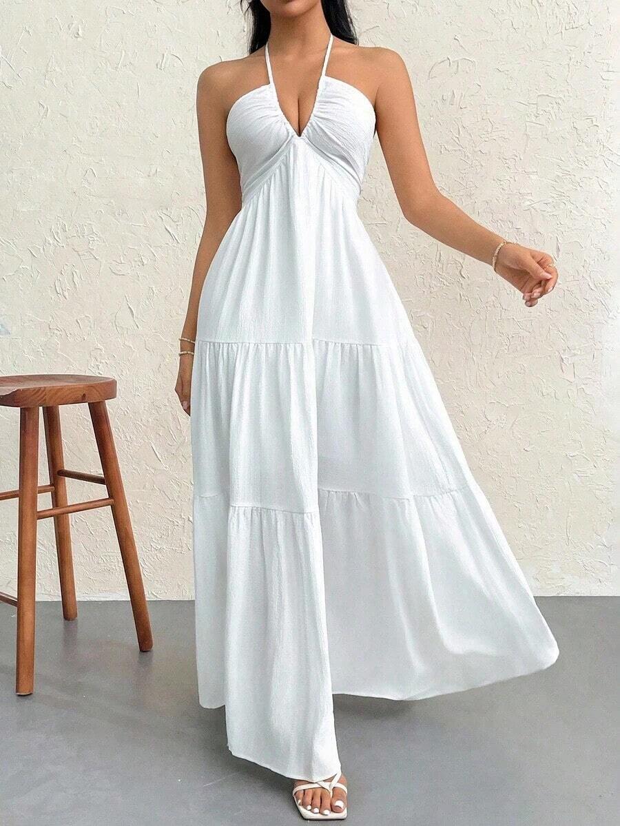 Vestido de gasa con cuello halter y espalda descubierta con nudo para mujeres, ideal para resort, boda y eventos - Blanco 2 - Ver 1