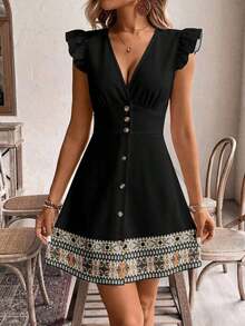 Vestido de mujer con cuello en V, mangas abullonadas y corte evasé con botones, de estilo minimalista, bohemio, elegante y romántico con estampado retro, para festival de música, atuendo de playa, atuendo de vacaciones - Multicolor - Ver 3