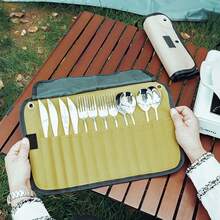 Portable Cutlery Roll – Storage And Organizer Bag For Travel Cutlery, Waterproof Polyester | Compact And Portable, With Divider, Ideal For Camping - màu bùn - Xem 1
