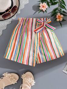Girls' Summer Fashion Casual Rainbow Striped Faux Skirt Shorts, Comfortable Soft Outdoor Vacation Beach Skirt Shorts With Bow Decor, Tween Girl' Summer Shorts Skirt - Multicolor - View 1