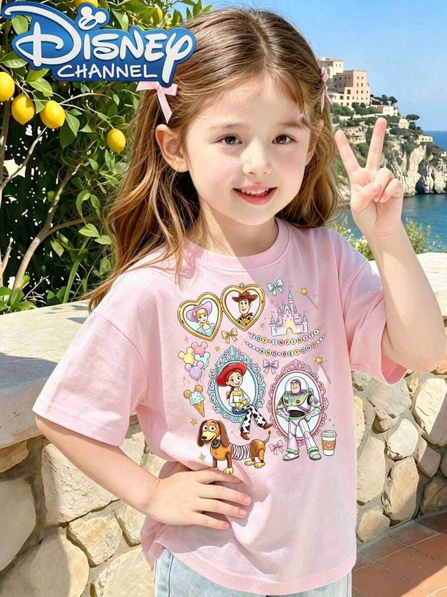 A Cute, Fresh, And Fashionable Disney Girl's Round-Neck T-Shirt With A Toy Story Print Pattern. Made Of 100% Pure Cotton, It Is An Ideal Choice For Daily Wear, Holiday Leisure, Outdoor Exploration, Campus Life, And Shopping Trips. It Is Also A Must-Have Item For Summer And Makes An Excellent Disney Gift For Both Girls And Boys. - Pink - View 1