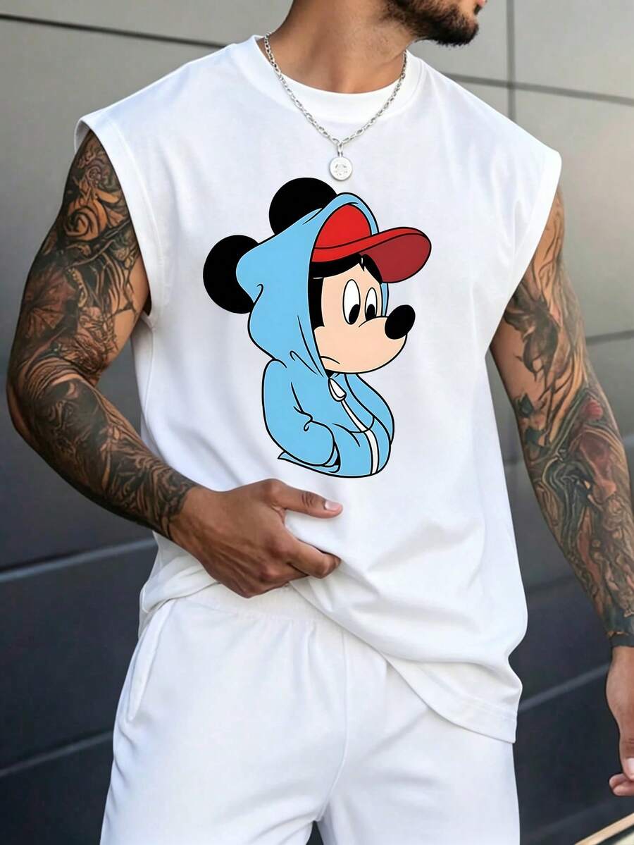 Manfinity Homme Men's Disney Mickey Mouse Hoodie Graphic Tank Top, Milk Silk Fabric Sleeveless Muscle Shirt, Casual Round Neck Summer Streetwear Tank, Lightweight Breathable Workout & Daily Wear Top, Cartoon Character Print Tee For Men - trắng - Xem 1
