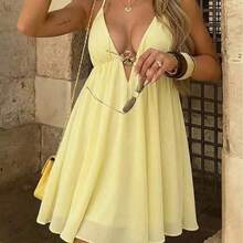 Women's Summer Black Spaghetti Strap Mini Dress, Deep V-Neck Camisole Style Tie-Up Chiffon Flowy Beach Holiday Party Dress Elegant - Rosa - Ver 9
