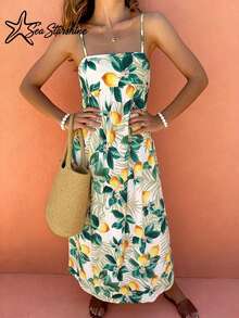 Women's Casual Elegant Vacation Style Lemon Leaf All-Over Print Spaghetti Strap Dress, Spring/Summer - Multicolor - View 5