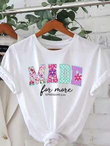 1 Piece Of Women's White Short-Sleeved Casual T-Shirt With "MADEforMORE" Letter Print And Star Pattern - Breathable Summer Top With Round Neck, Machine Washable, Casual Summer Wear, Fun Top With Letter And Color Print, Available In Local Stores, Soft And Comfortable Cotton, Enjoy A Special Discount, Suitable For Easter, Halloween, Thanksgiving, Etc. 180g 100% Cotton - 白色 - 查看 7